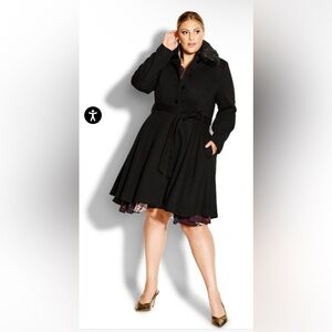CityChic NWT 22w Black Heavy Trench Coat Peacoat warm satin lined fit flare